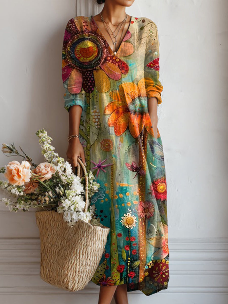 Women's Colorful Abstract Sunflower Painting Art Print Linen Pocket Dress