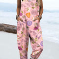 Women's Vintage Abstract Bee Floral Art Print Casual 100% Cotton Wide Leg Jumpsuit