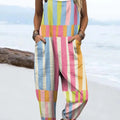 Women's Colourful Art Lines Print Casual 100% Cotton Wide Leg Jumpsuit