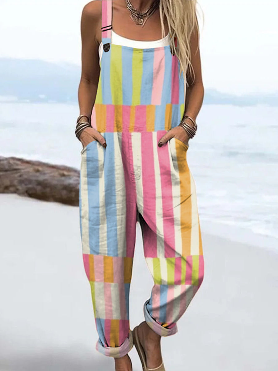 Women's Colourful Art Lines Print Casual 100% Cotton Wide Leg Jumpsuit