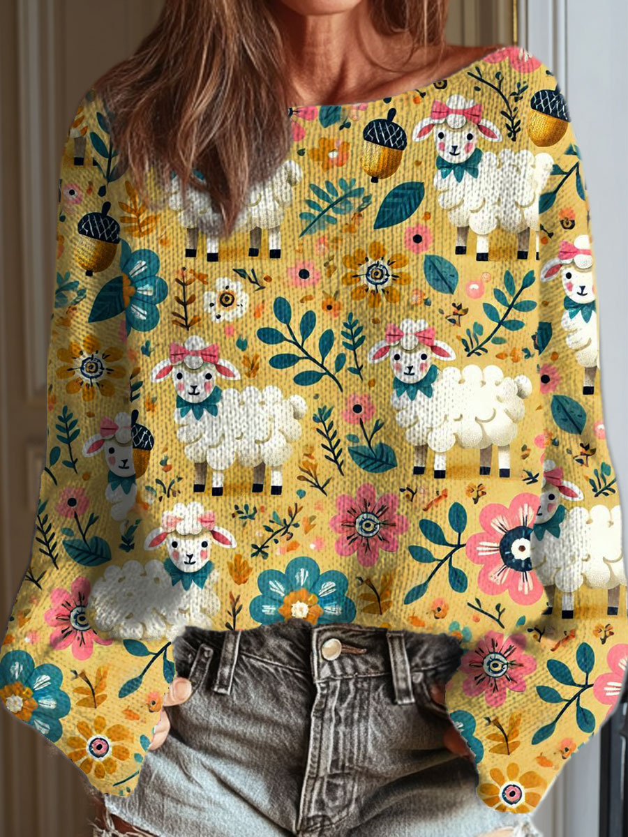 womens-vintage-flower-sheep-art-print-casual-pullover-sweater