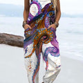 Women's  Retro Colored Octopus Art Print Casual 100% Cotton Wide Leg Jumpsuit