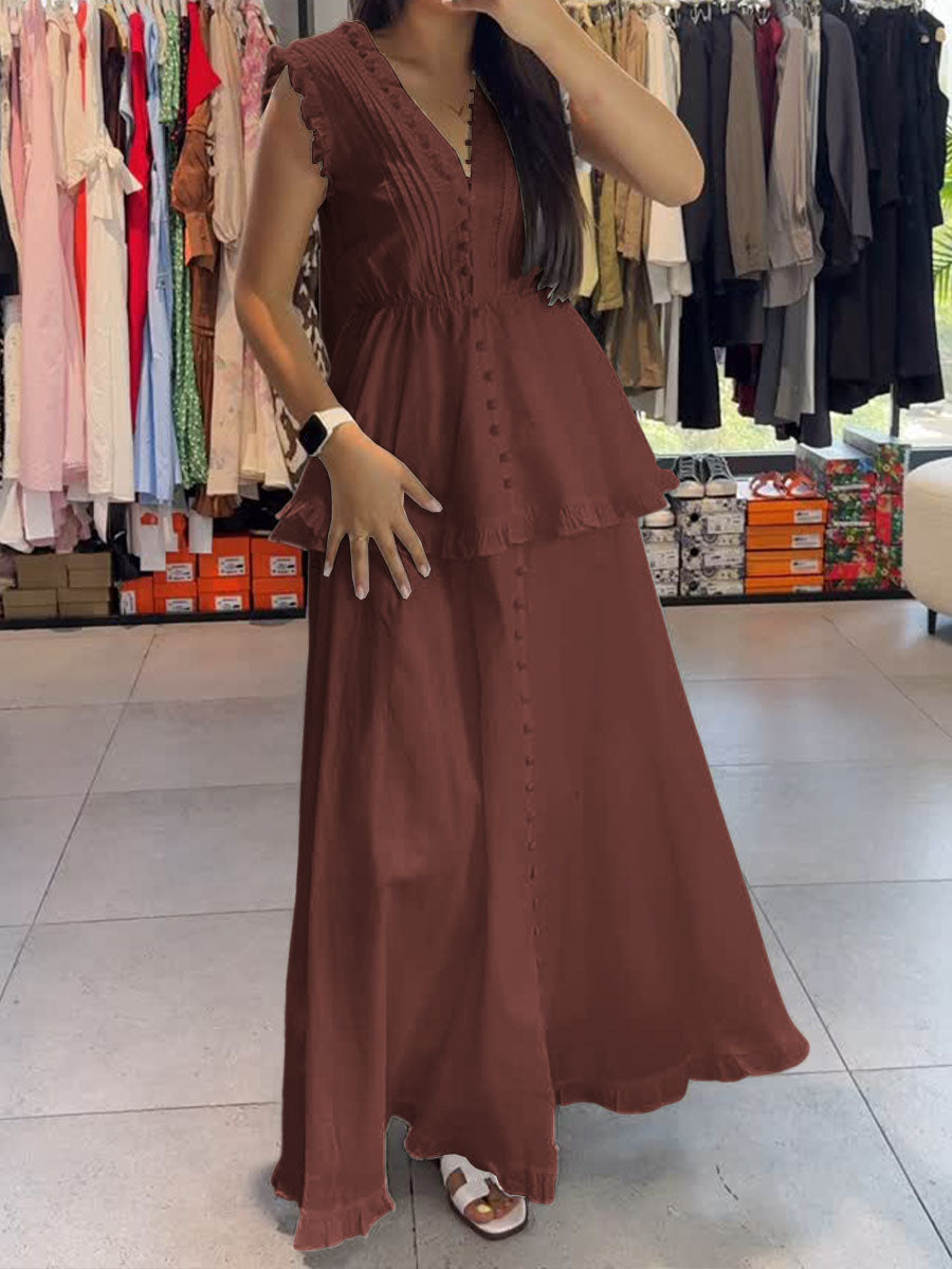 Women's Solid Color V-Neck Sleeveless Casual Cotton and Linen Top Elastic Waist A-Line Cotton and Linen Skirt Set