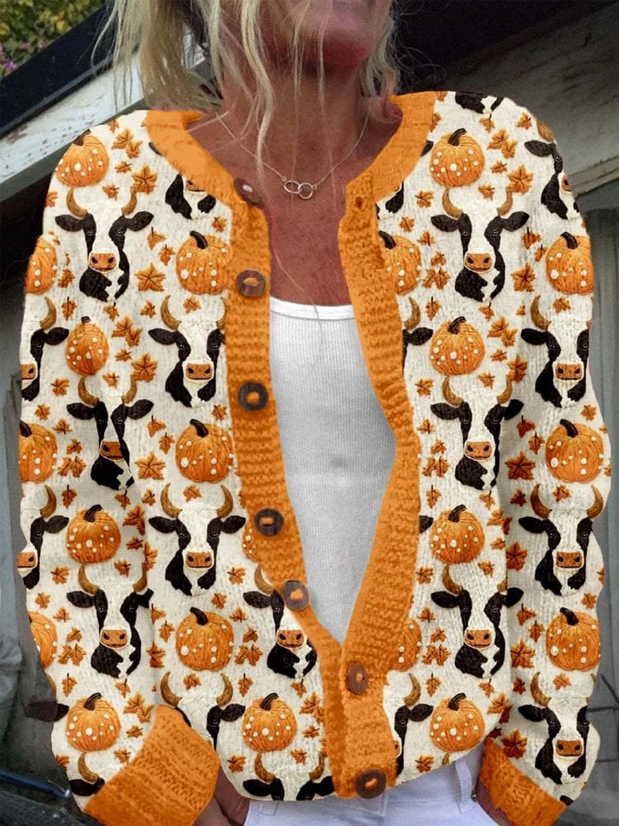 womens-pumpkin-cow-pattern-art-print-buttoned-cardigan-sweater