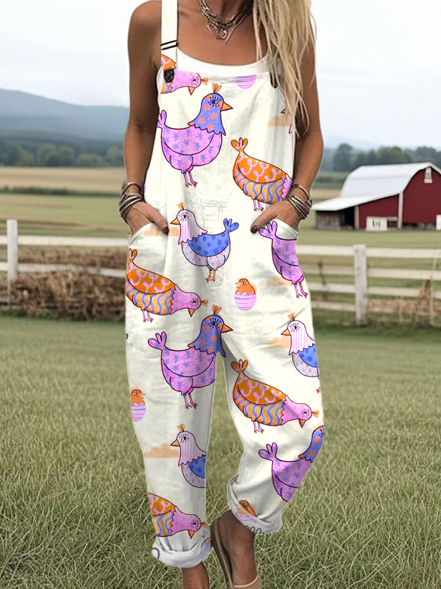 Women's Funny Chick Art Print Casual 100% Cotton Wide Leg Jumpsuit