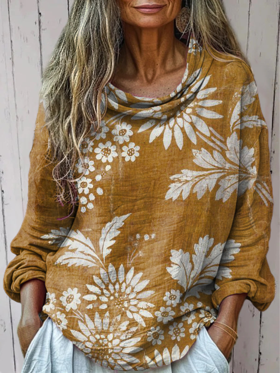 Women's Vintage Ethnic Floral Painting Art Print Casual Long Sleeve Comfortable Cotton Shirt