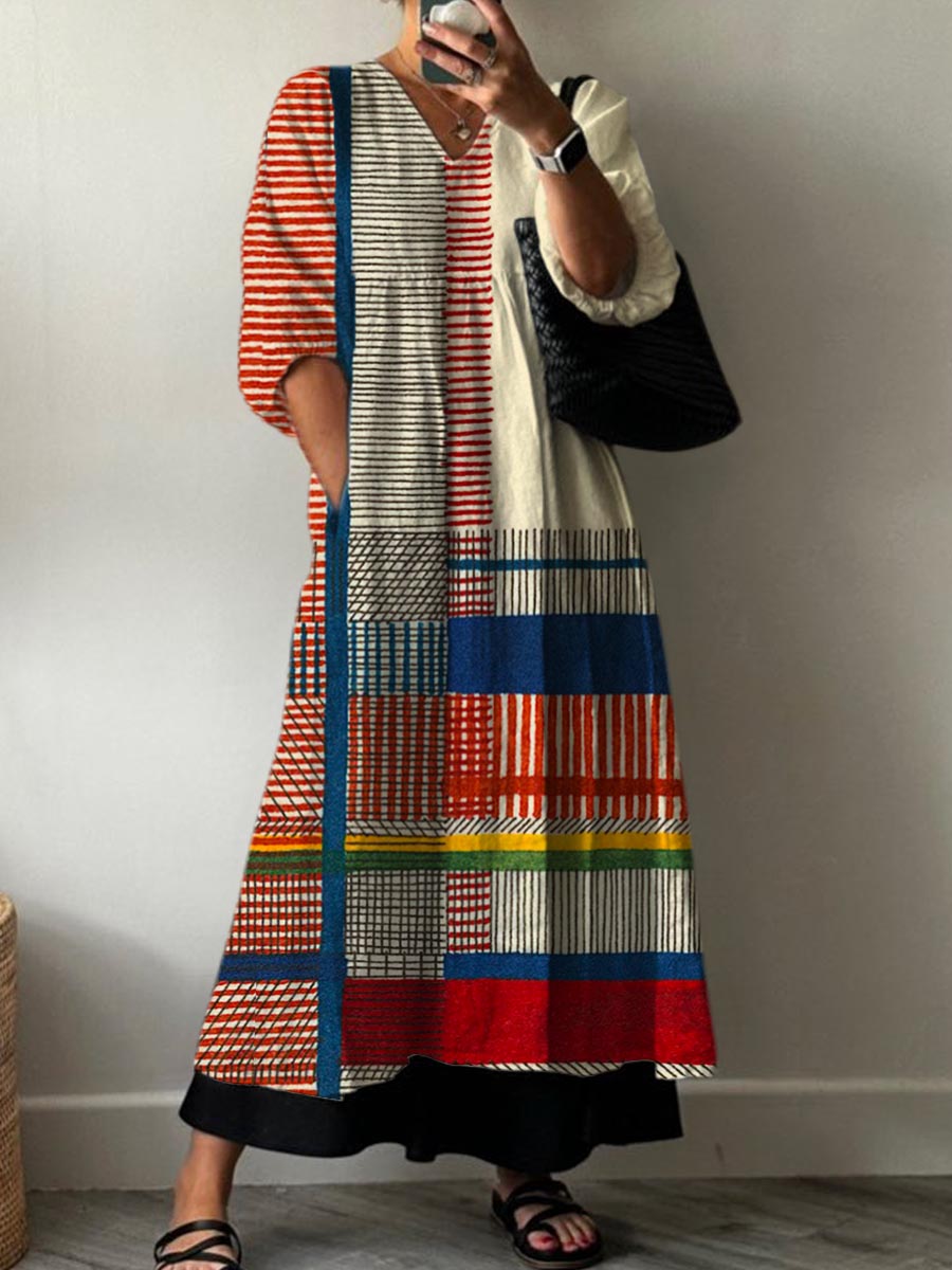 Women's Abstract Geometric Line Pattern Art Print Pocket V-neck Cotton Dress
