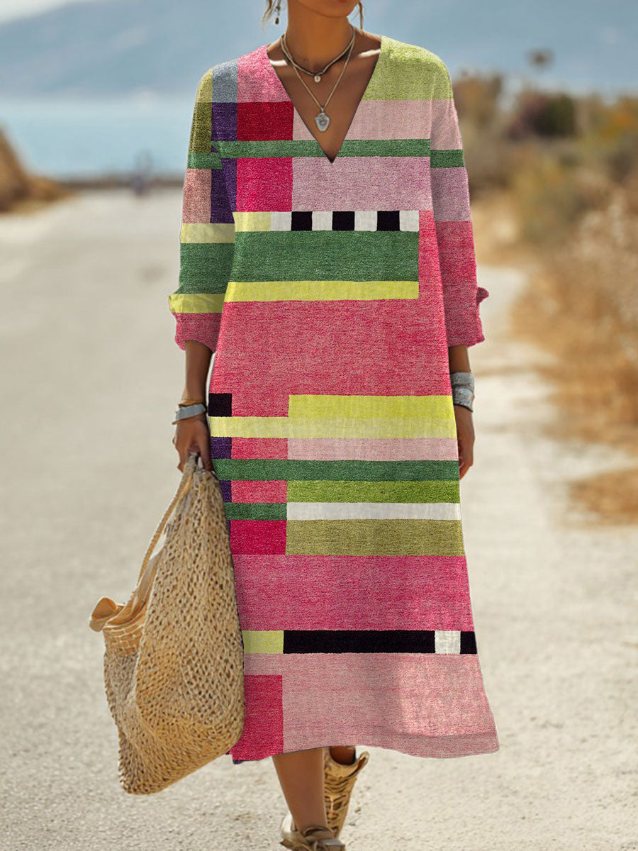 Women's  Vintage Abstract Geometric Art Print Pocket Cotton Dress