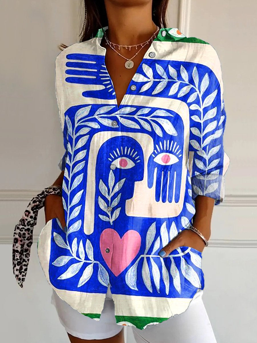 Women's Abstract Art Print Casual Cotton Shirt