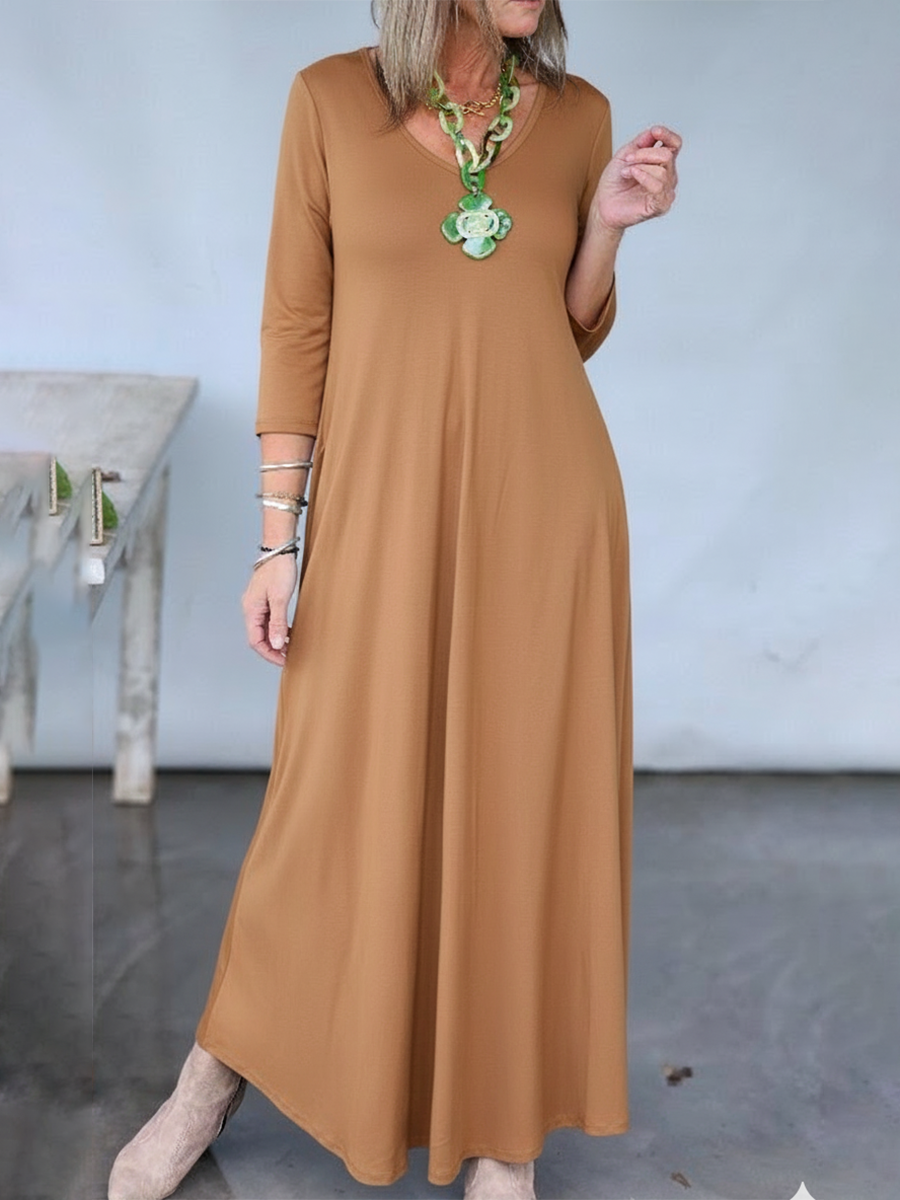 Comfortable Solid Color V-neck Stretch Knit A-line Dress