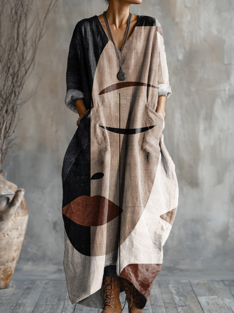 Women's Abstract Geometric Face Painting Art Print Pocket V-neck Cotton Dress