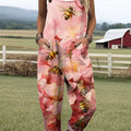 Women's Lovely Floral Bees Art Print Casual 100% Cotton Wide Leg Jumpsuit