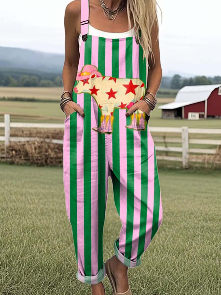 Women's Lovely Cow Art Print Casual 100% Cotton Wide Leg Jumpsuit