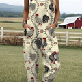 Women's  Funny Rooster Art Print Casual 100% Cotton Wide Leg Jumpsuit