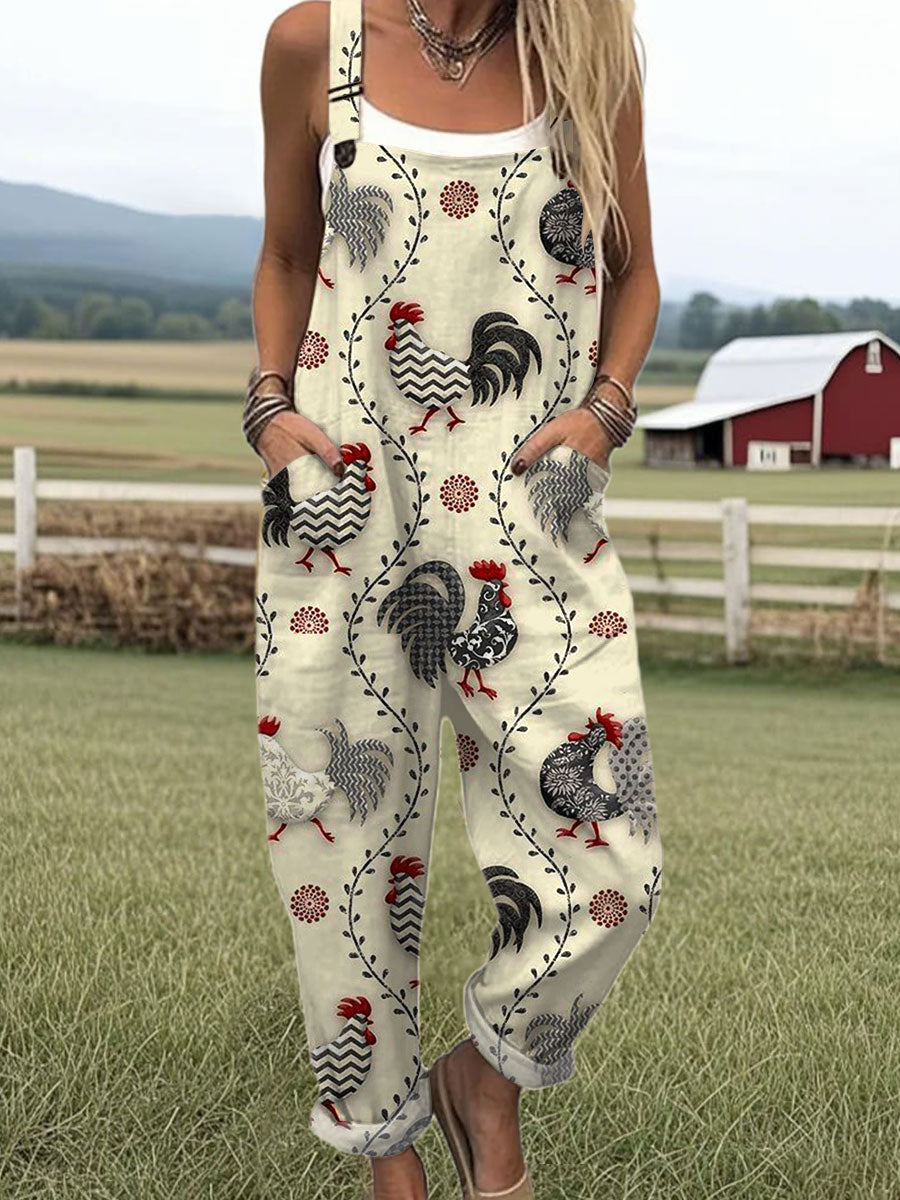 Women's  Funny Rooster Art Print Casual 100% Cotton Wide Leg Jumpsuit