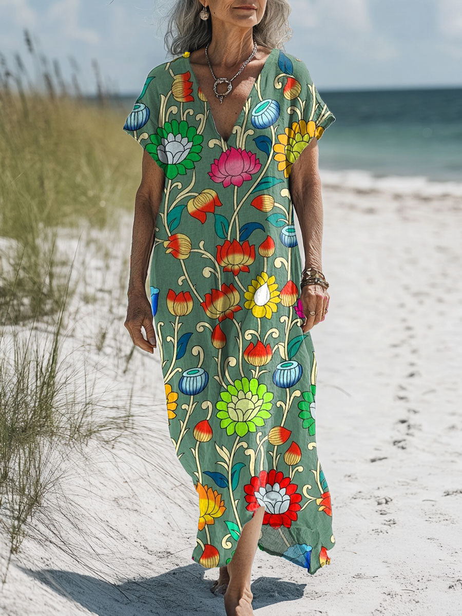 Women's Vintage Flowers Art Print Pocket Cotton Dress