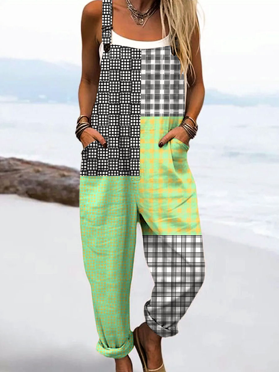 Women's Vintage Abstract Geometric Line Art Print Casual 100% Cotton Wide Leg Jumpsuit