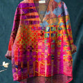Colorful Geometric Pattern Printed Women's Casual Cotton And Linen V-neck Shirt