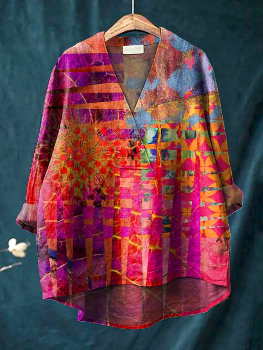 Colorful Geometric Pattern Printed Women's Casual Cotton And Linen V-neck Shirt