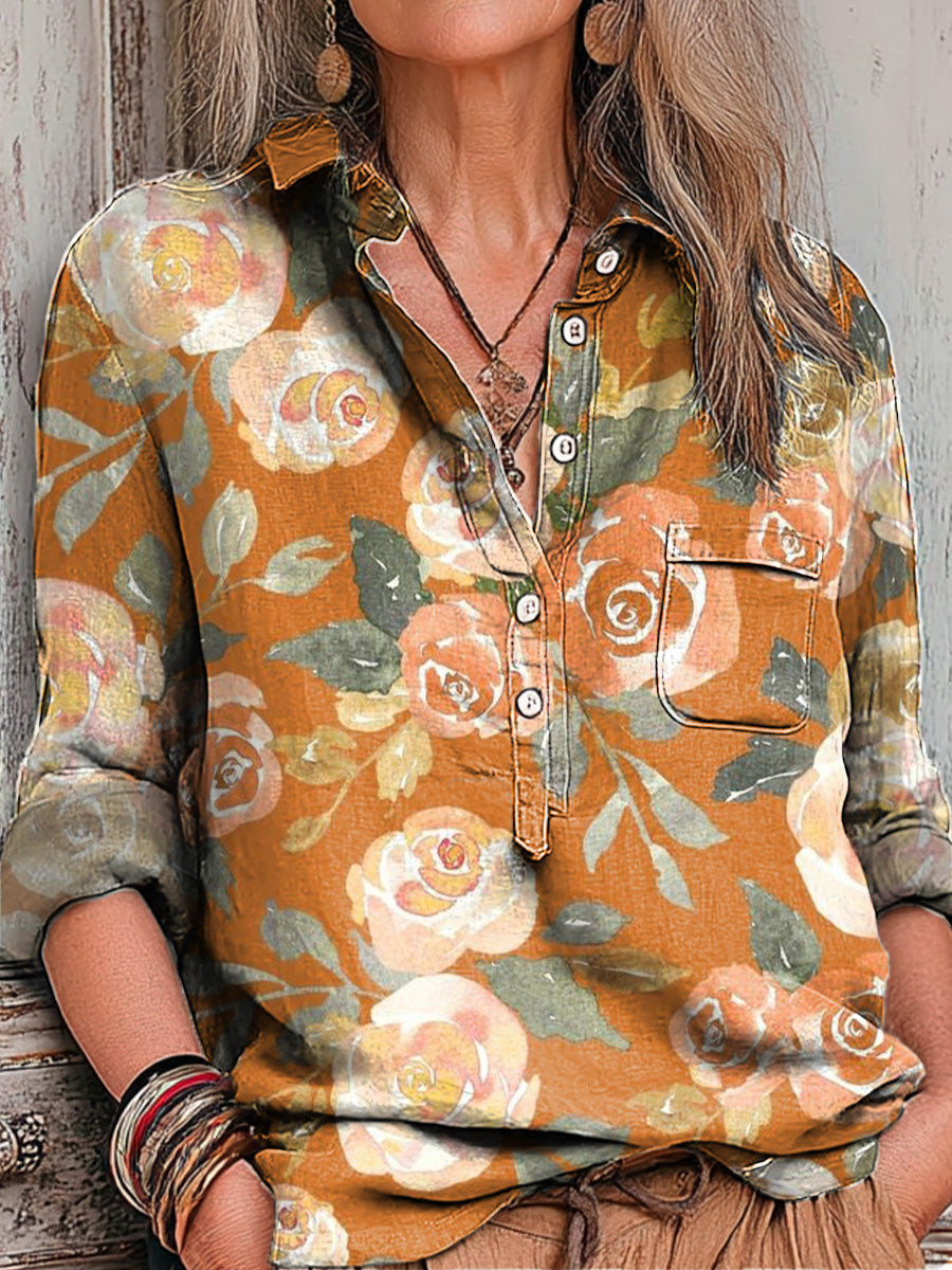 Women's Vintage Beautiful Large Flower Painting Art Print Casual Cotton And Linen Shirt