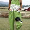 Women's Cute Sheep Art Print Casual 100% Cotton Wide Leg Jumpsuit