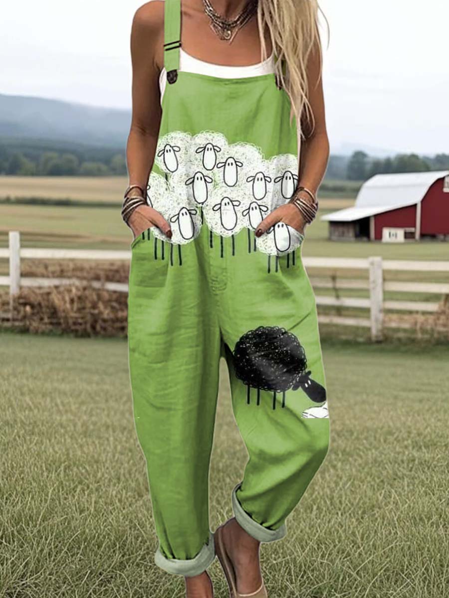Women's Cute Sheep Art Print Casual 100% Cotton Wide Leg Jumpsuit