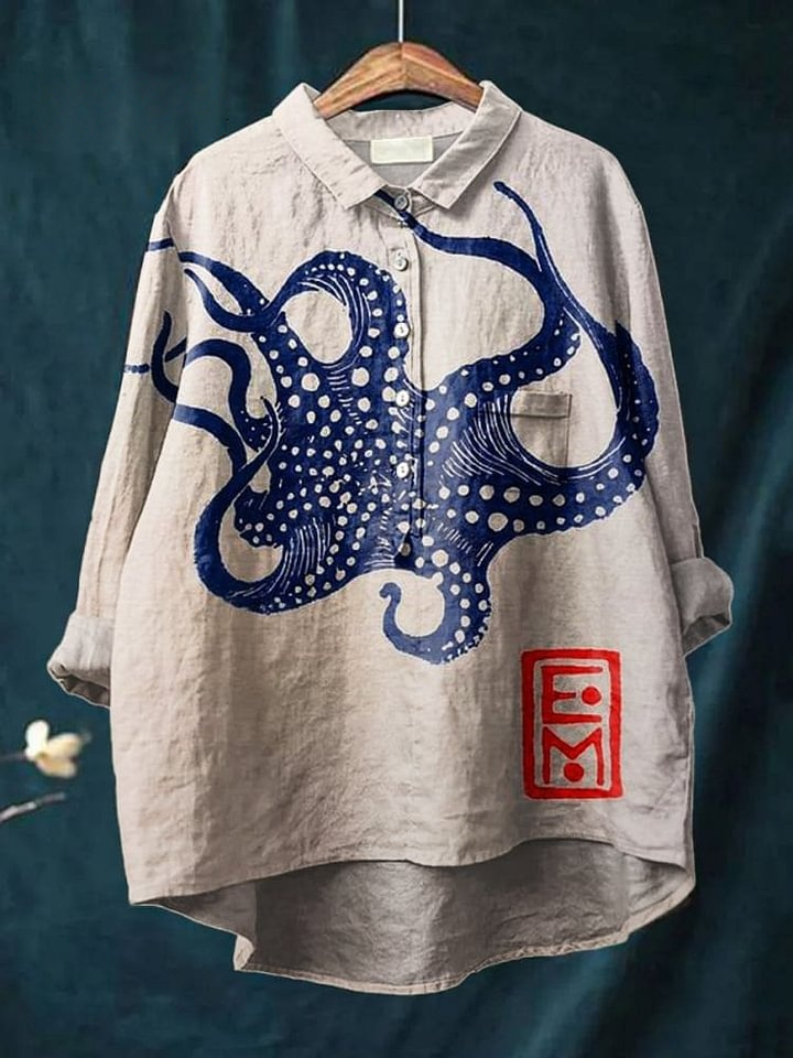 Women's Octopus  Art Print Casual Cotton And Linen Shirt