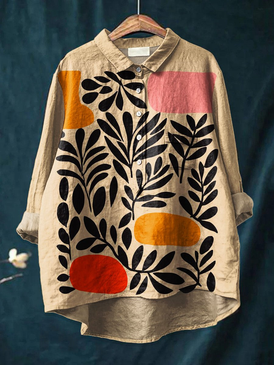 Women's  Flower Art Print Casual Cotton And Linen Shirt