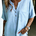 Women's Chest Pockets 100% Cotton Classic Loose Fit Henley Collar T-shirt