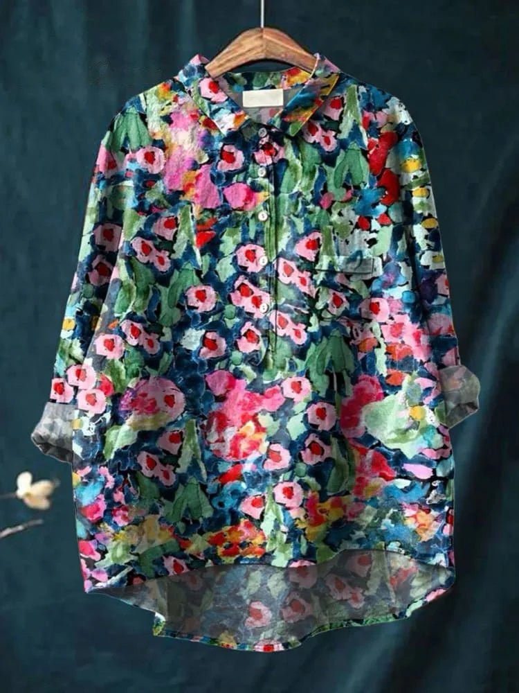 Women's Vintage Lovely Floral Art Print Casual Cotton And Linen Shirt