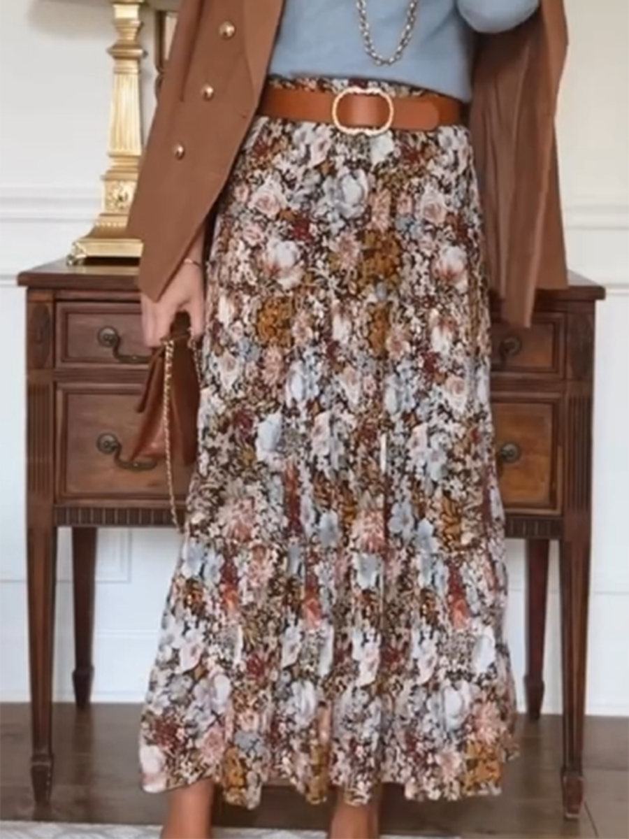 Autumn and Winter Floral Print Elastic Waist Skirt
