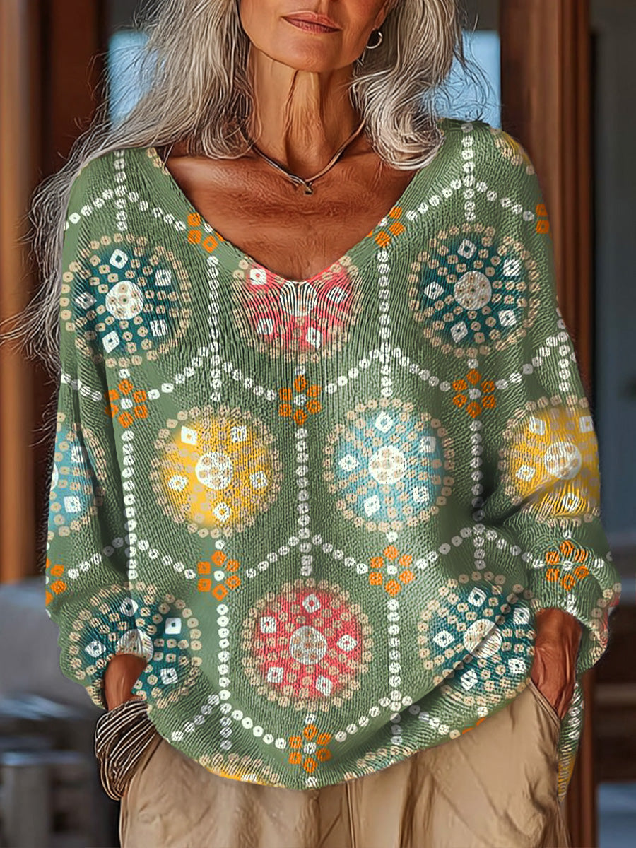 Women's Beautiful Vintage Diverse Geometric Pattern Art Print Casual Pullover Sweater