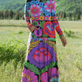 Women's Colorful Ethnic Rhombus Geometric Floral Art Print Long-sleeved V-neck Dress