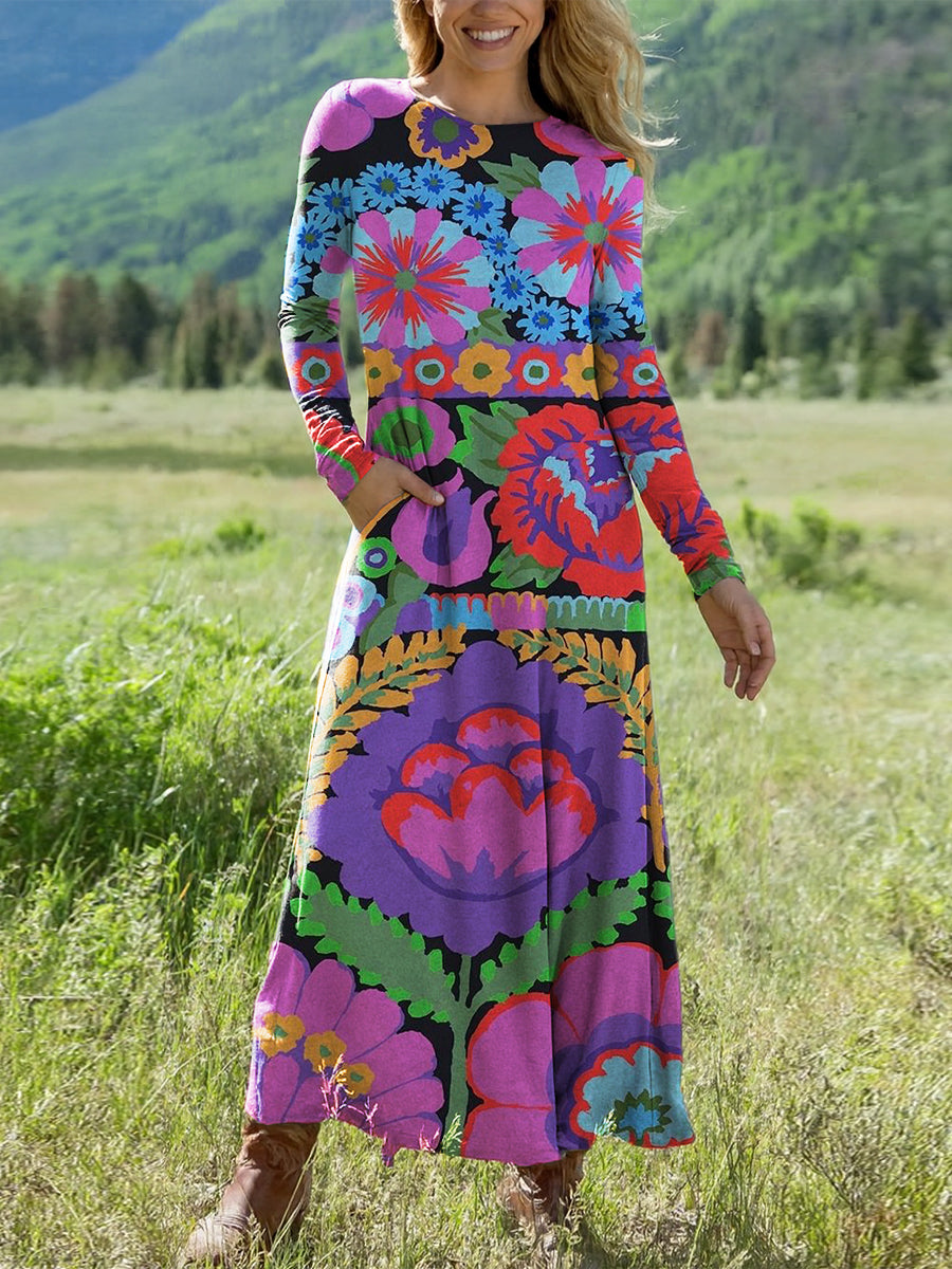 Women's Colorful Ethnic Rhombus Geometric Floral Art Print Long-sleeved V-neck Dress