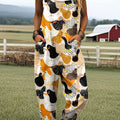 Women's Vintage Chicken Art Print Casual 100% Cotton Wide Leg Jumpsuit
