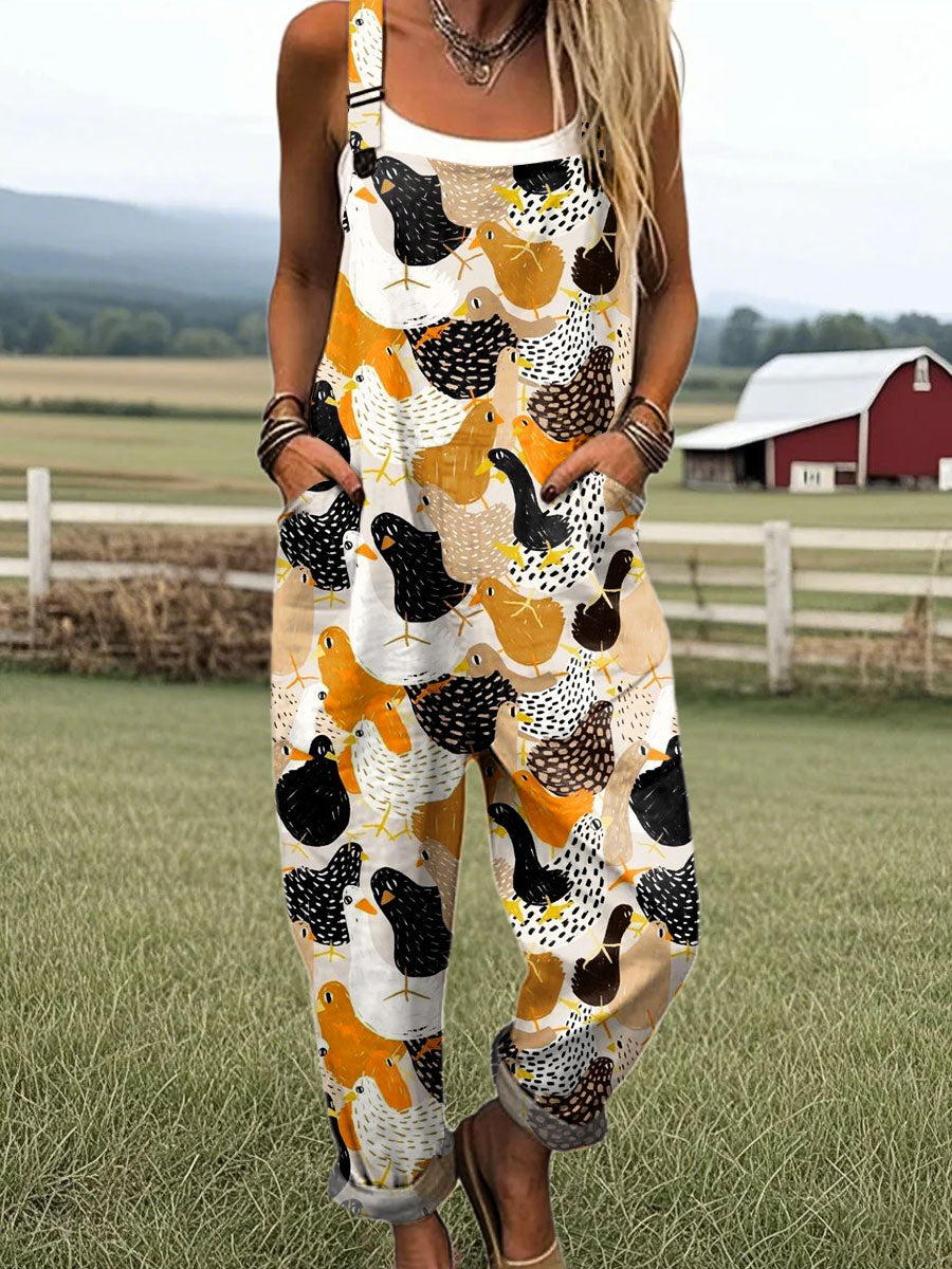 Women's Vintage Chicken Art Print Casual 100% Cotton Wide Leg Jumpsuit