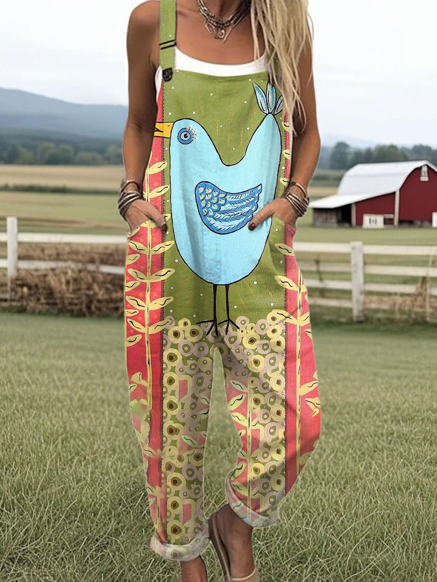 Women's  Funny Chick Art Print Casual 100% Cotton Wide Leg Jumpsuit