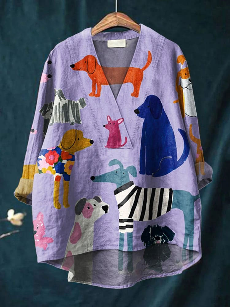 Women's  Dog  Art Print Casual Cotton And Linen V-neck Shirt
