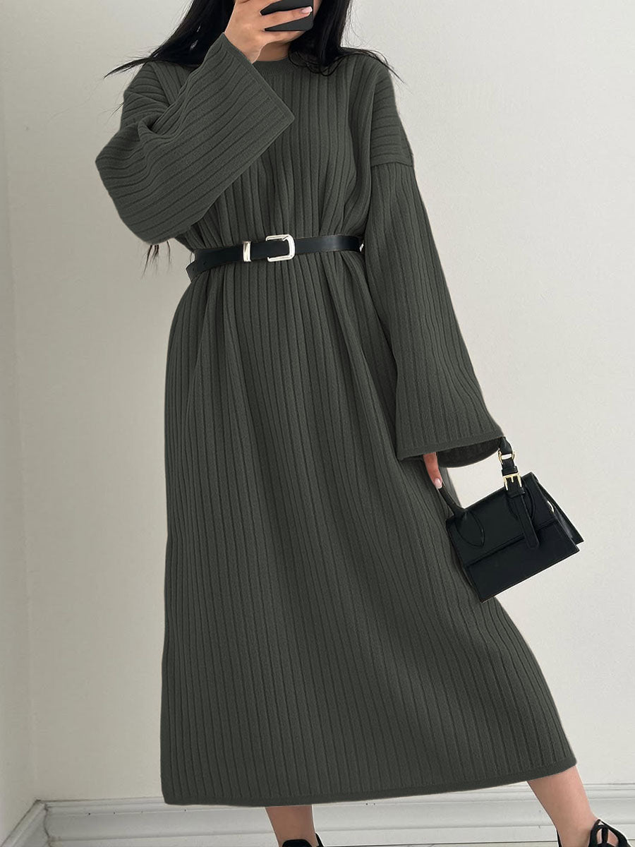 Women's Solid Color Round Neck Long Sleeve Casual Loose Dress