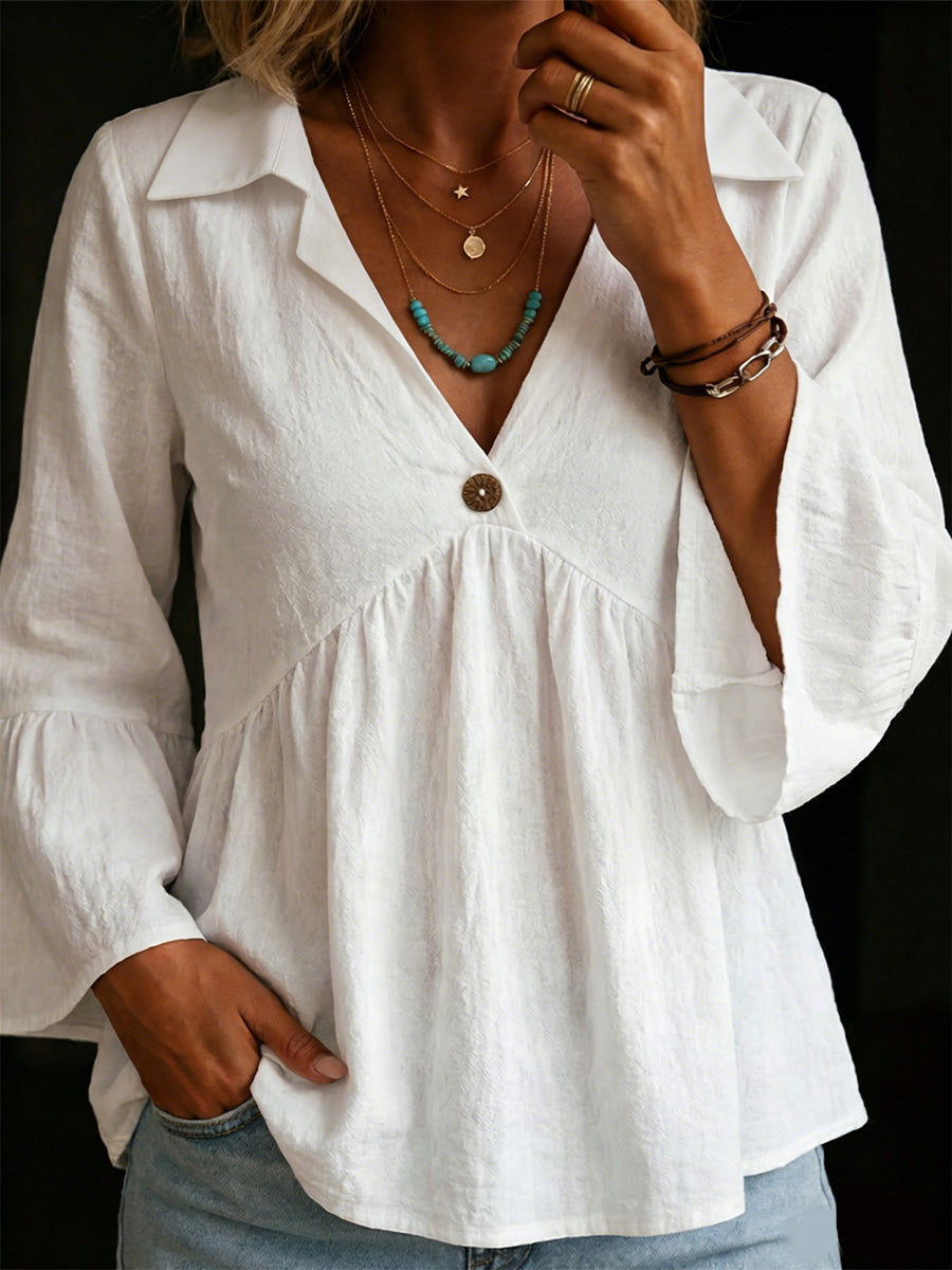 Women's Lapel V Collar Ruffle Sleeves Cotton Top