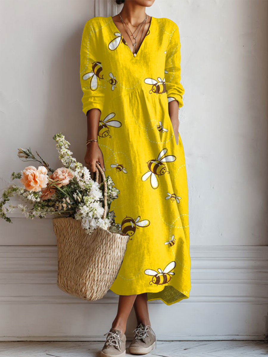 Women's Vintage Bee Art Print Linen Pocket Tunic Dress