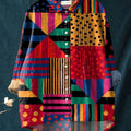 Women's Geometric Pattern Art Print Casual Cotton And Linen Ruffle Shirt