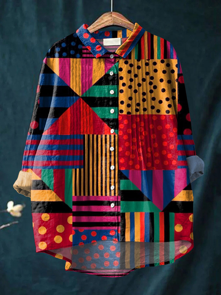 Women's Geometric Pattern Art Print Casual Cotton And Linen Ruffle Shirt