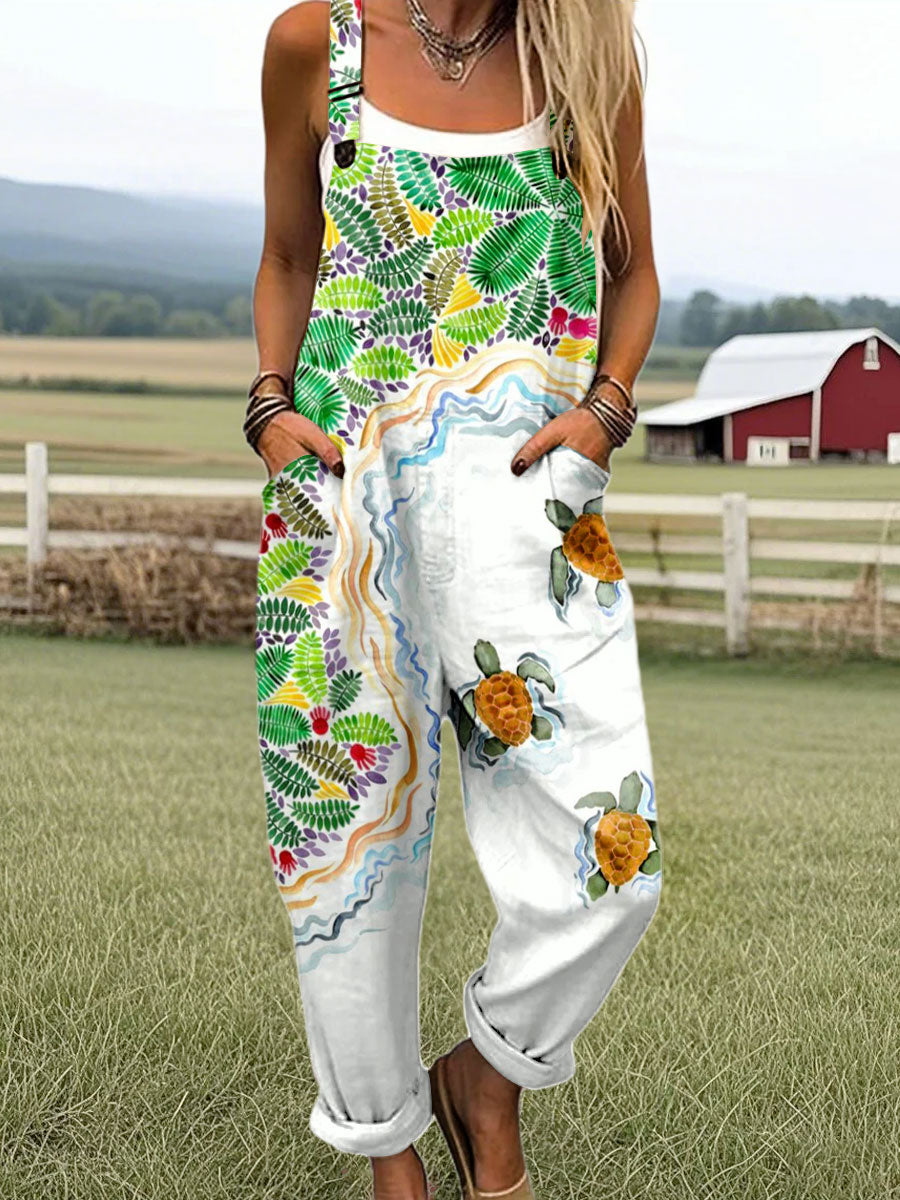 Women's Vintage Marine Life Turtle Art Print Casual 100% Cotton Wide Leg Jumpsuit