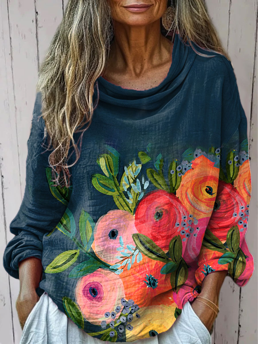 Women's  Vintage  Flower Art Print Casual Long Sleeve Comfortable Cotton Shirt