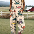Women's Vintage Cartoon Dinosaur Art Print Casual 100% Cotton Wide Leg Jumpsuit