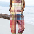 Women's Fashion Color Block Art Print Casual 100% Cotton Wide Leg Jumpsuit