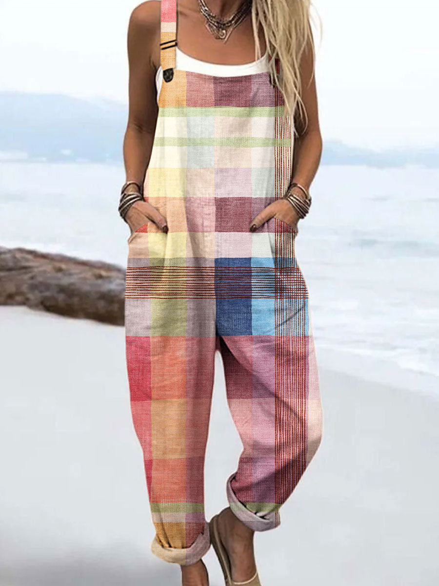 Women's Fashion Color Block Art Print Casual 100% Cotton Wide Leg Jumpsuit