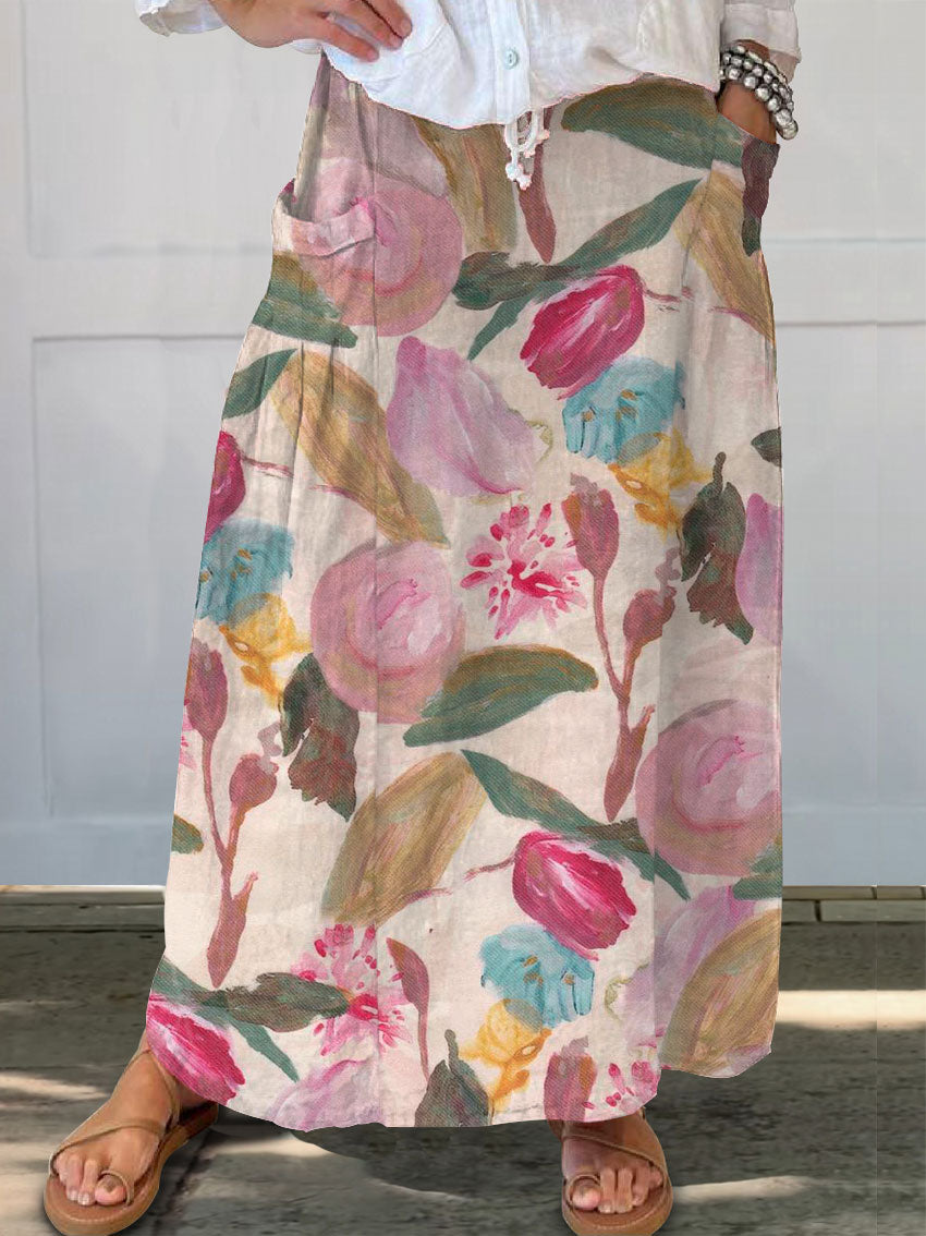 Women's Vintage Floral Art Print   Linen Pocket Skirt