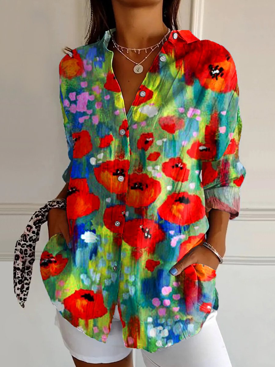 Women's  Flower  Art Print  Casual Cotton Shirt